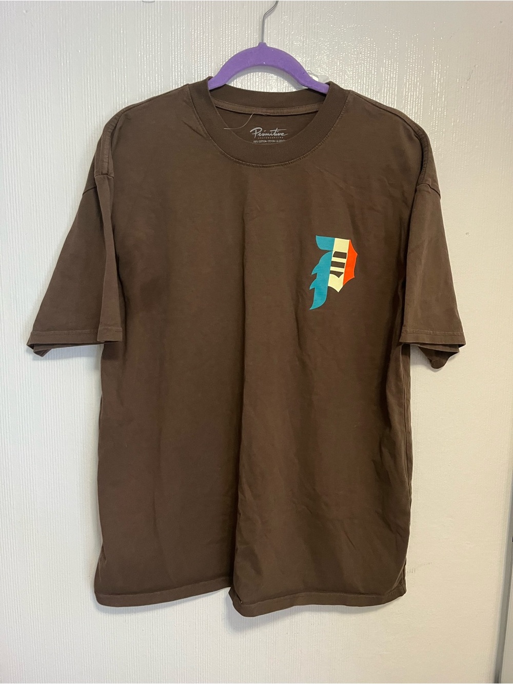 Primitive Brown Short-Sleeve Crewneck T-Shirt with Multicolor Chest Graphic